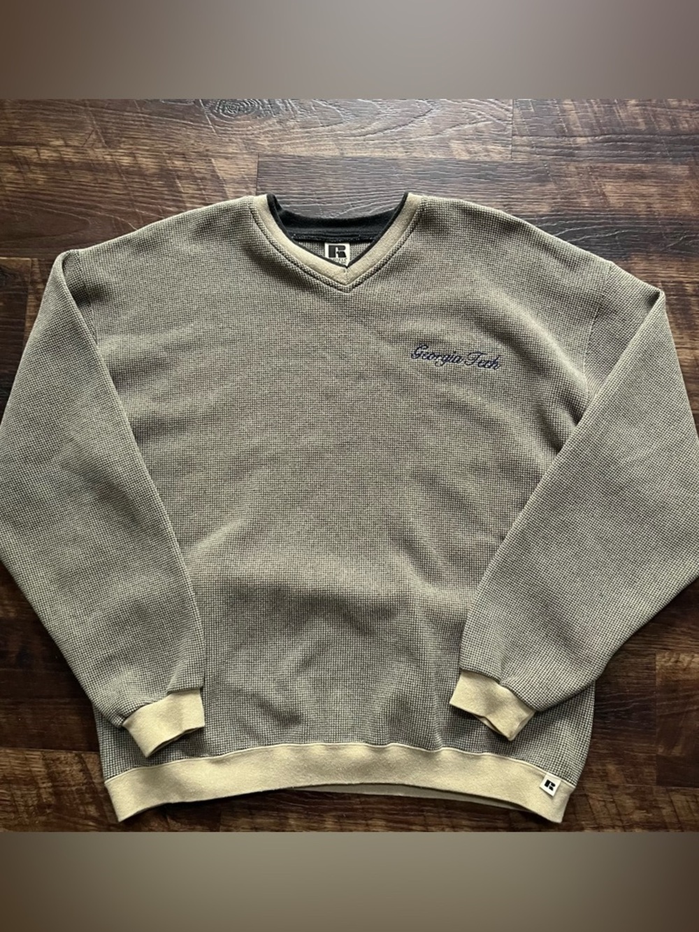Vintage Georgia tech Russell athletic waffle texture V neck sweatshirt XL tan